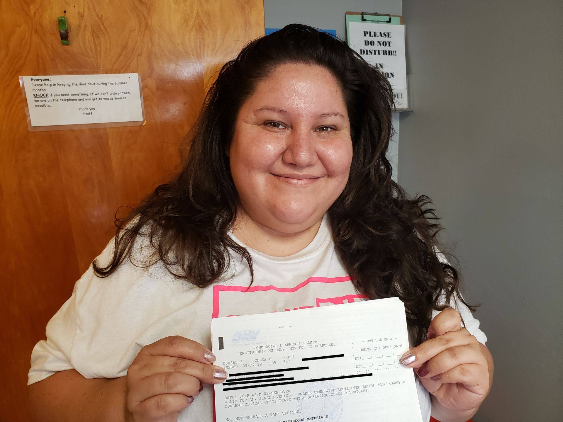 Maria, a Community Connection resident, has been pursuing her dream of becoming a school bus driver for about a year. Today, she finally passed her last test and received her Class B driver's license. Way to keep working towards your dream Maria!